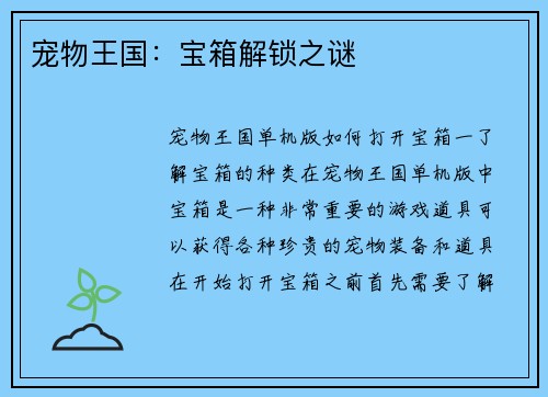 宠物王国：宝箱解锁之谜